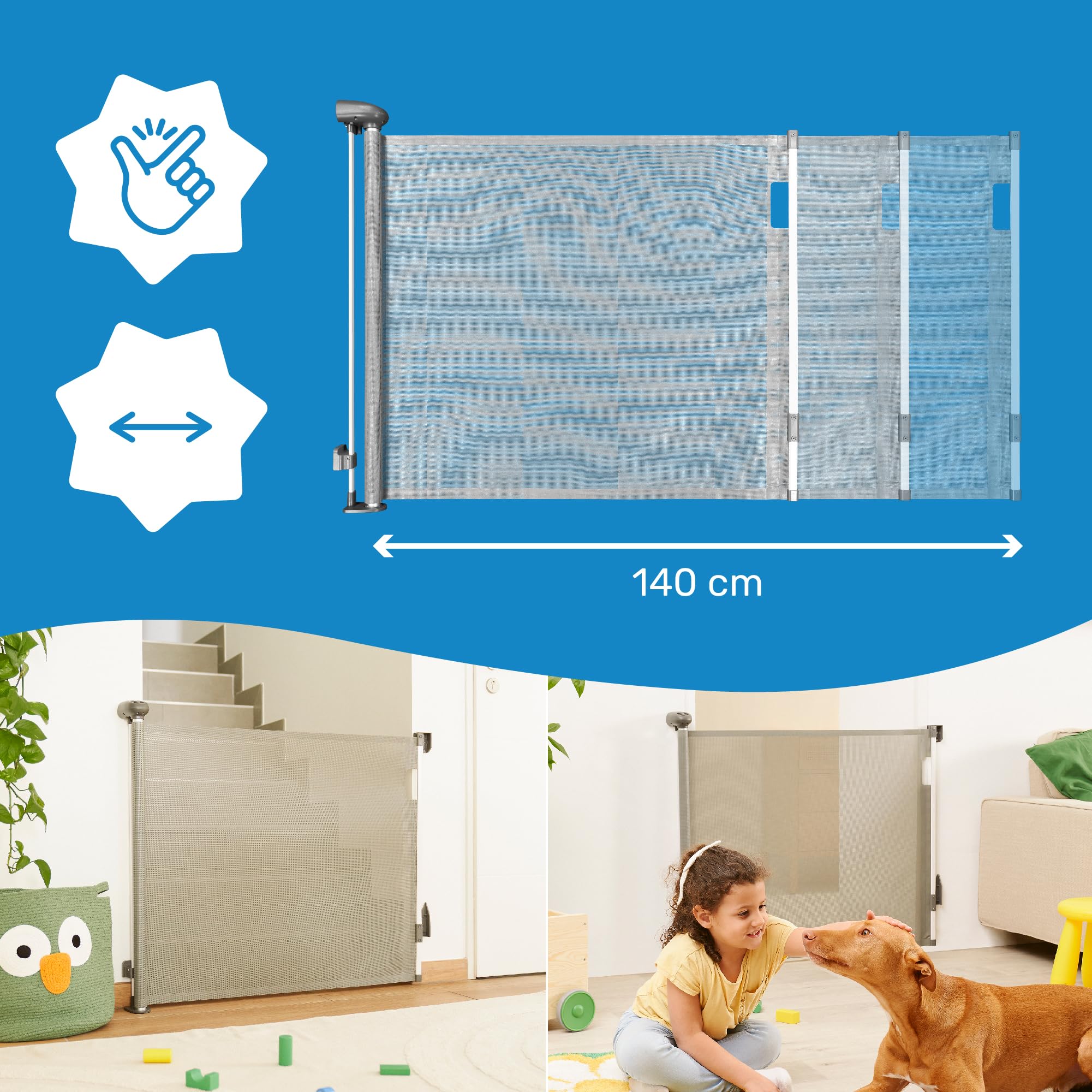 Badabulle Barrière de Sécurité Enfant Safe&Roll- Barrière Fixation Vis, Barrière Retractable Extensible (jusqu'à 140cm) - Discrète - Simple à Installer - Ouverture Facile & Sécurisée