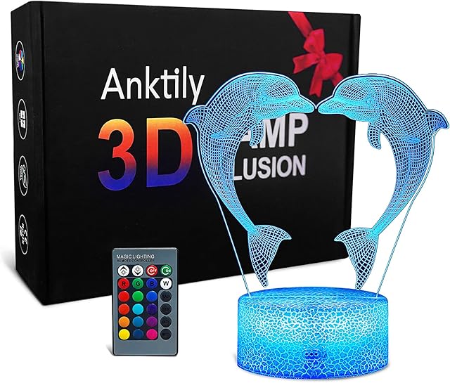 Dolphin Night Light for Kids Boys,3D Porpoise Optical Illusion Light Bedside Table Lamp with 16 Colors and Remote Control,Birthday Festival Gifts for Children and Adult