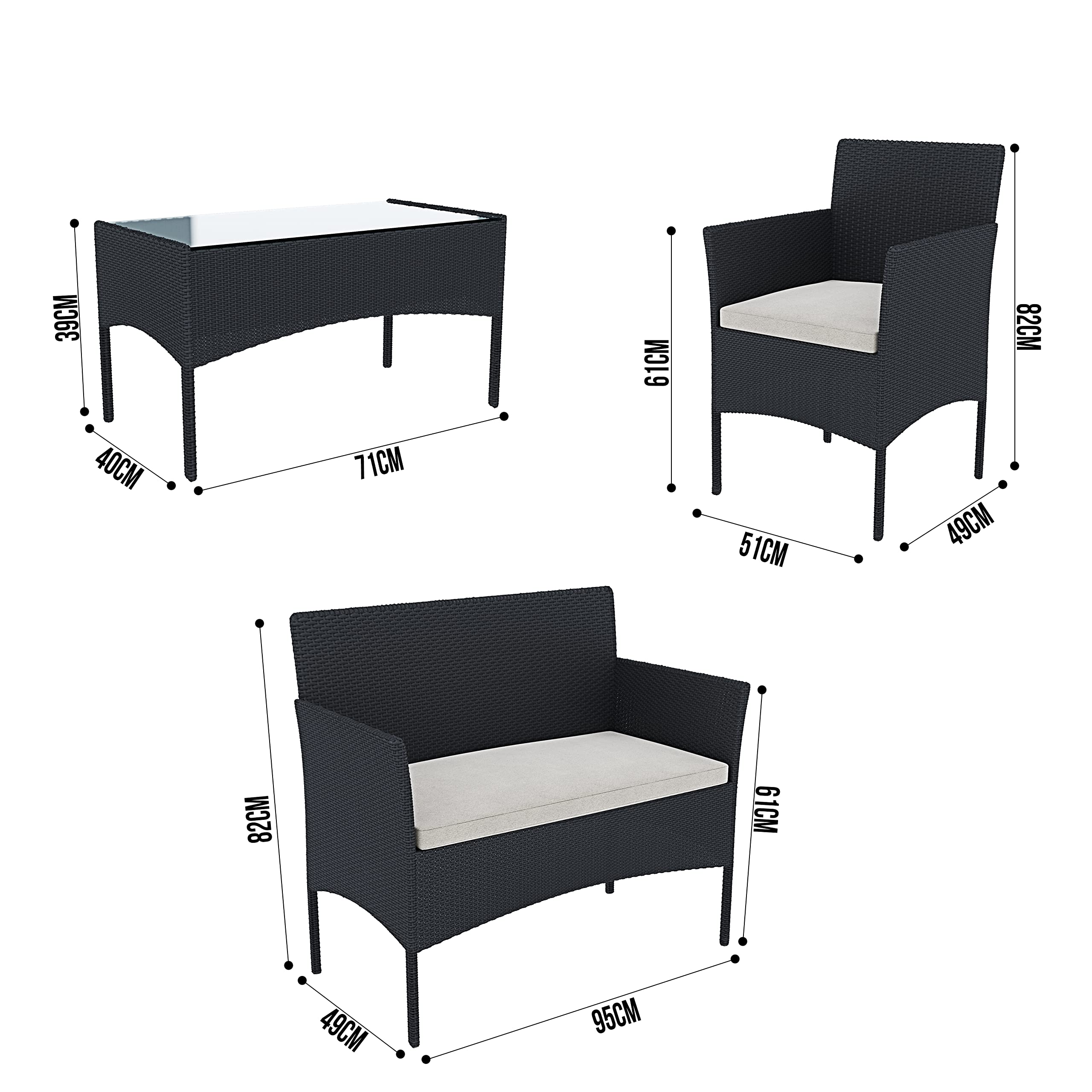 Arreditaly Set Di Mobili da Giardino in Rattan 4 Posti con Tavolino Vetro Cuscini Sfoderabili (Black)