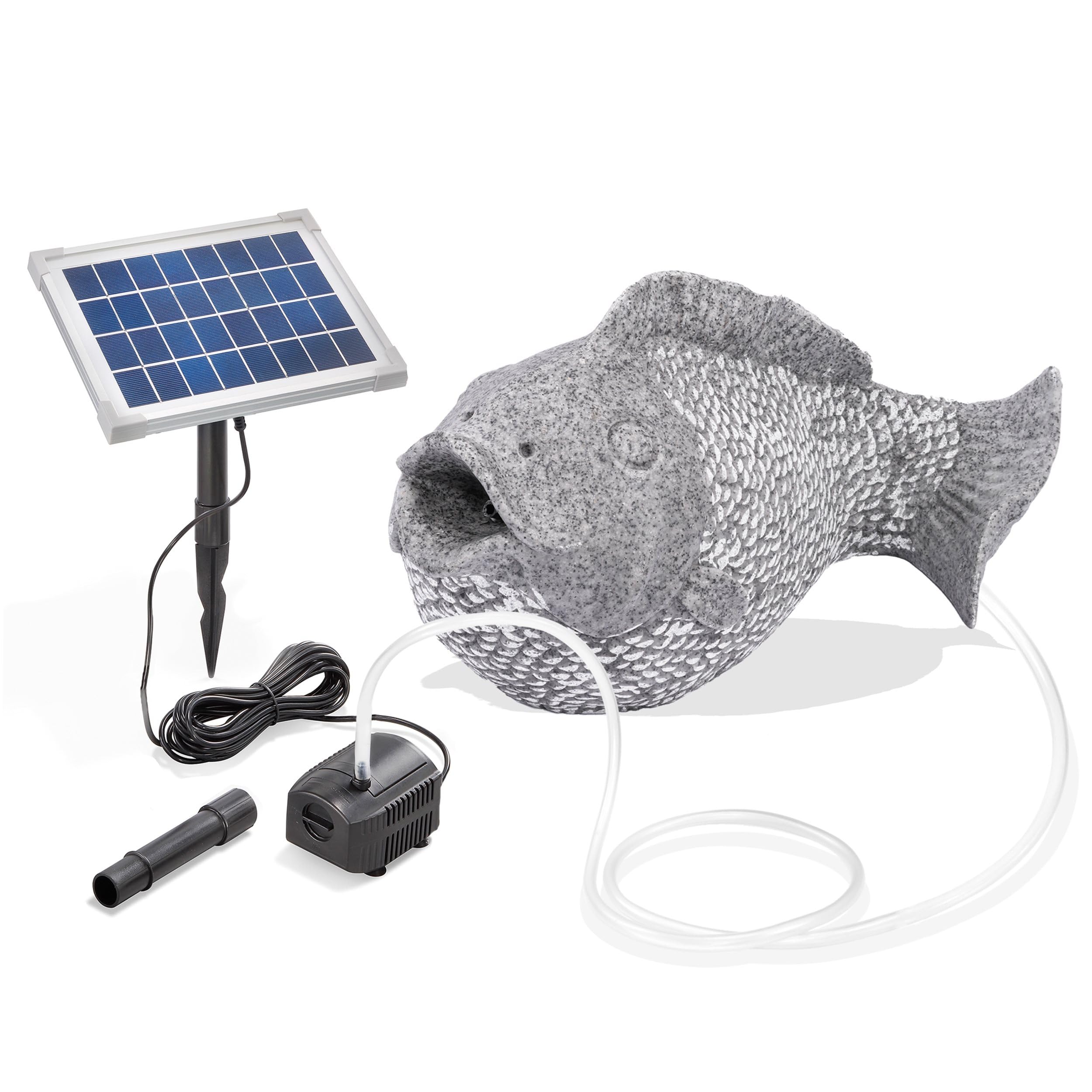 Esotec Solar Wasserspeier Komplettset, Fisch im Natursteindesign, Wasserspiel für Gartenteich, Vogeltränke, Vogelbad, Gartenbrunnen mit Solarpumpe 101665
