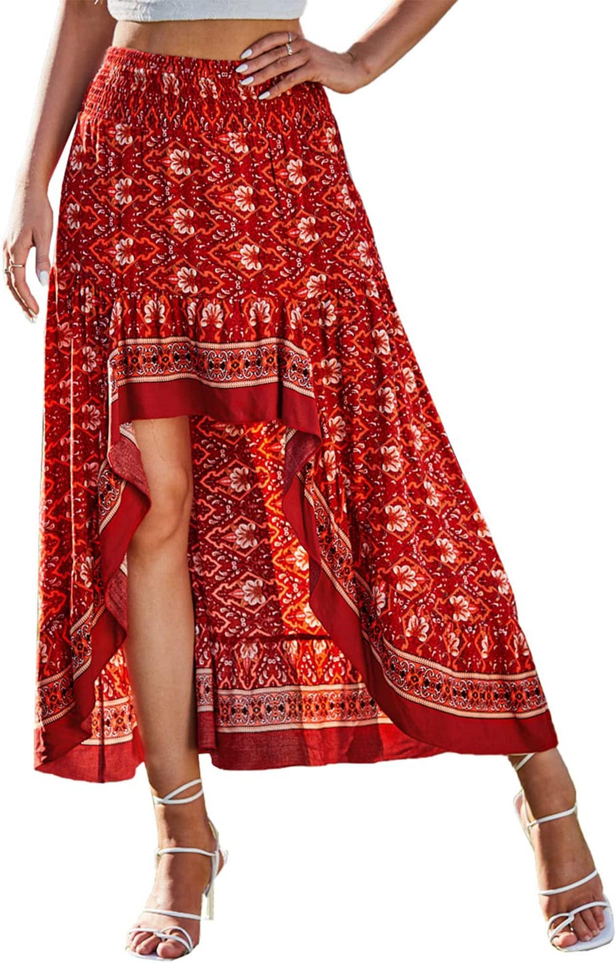 BTFBM Women 2023 Summer Spring Boho Long Skirts Dress Floral Print Elastic Waist Split Ruffle High Low Beach Maxi Skirt