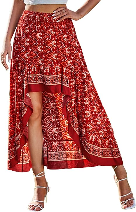 BTFBM Women 2023 Summer Spring Boho Long Skirts Dress Floral Print Elastic Waist Split Ruffle High Low Beach Maxi Skirt