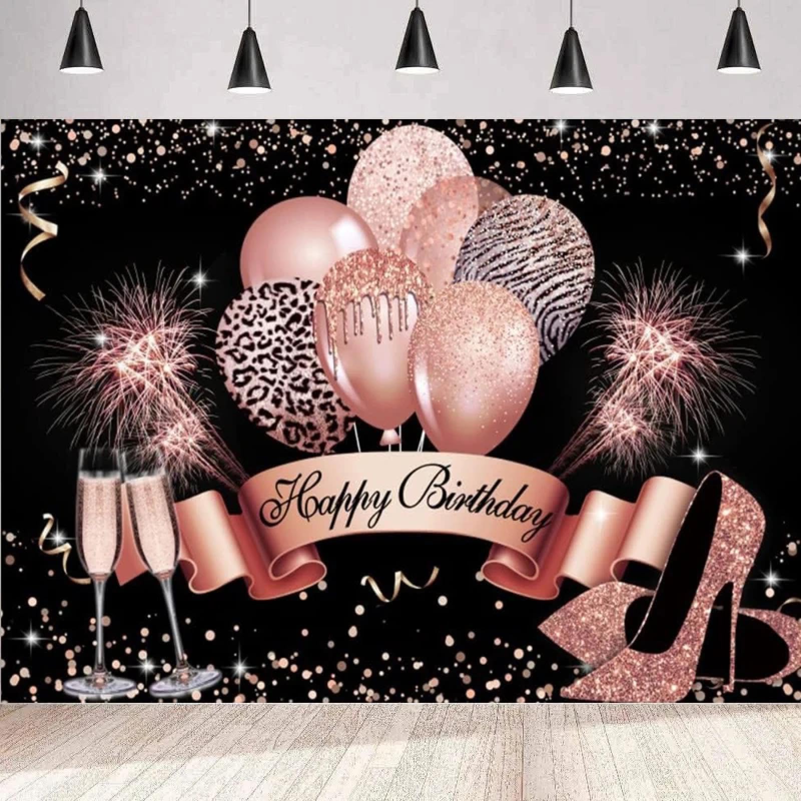 Różowe złoto fotografia tło baner cekiny balony błyszczące cekiny wysokie obcasy ściana kobiety Happy Birthday Party