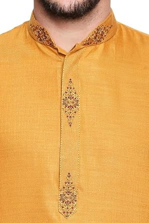 Men's Indian Classic Collar Long Kurta Tunic with Embroidered Placket, Mustard, Medium