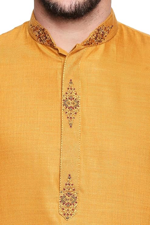 Men's Indian Classic Collar Long Kurta Tunic with Embroidered Placket, Mustard, Medium