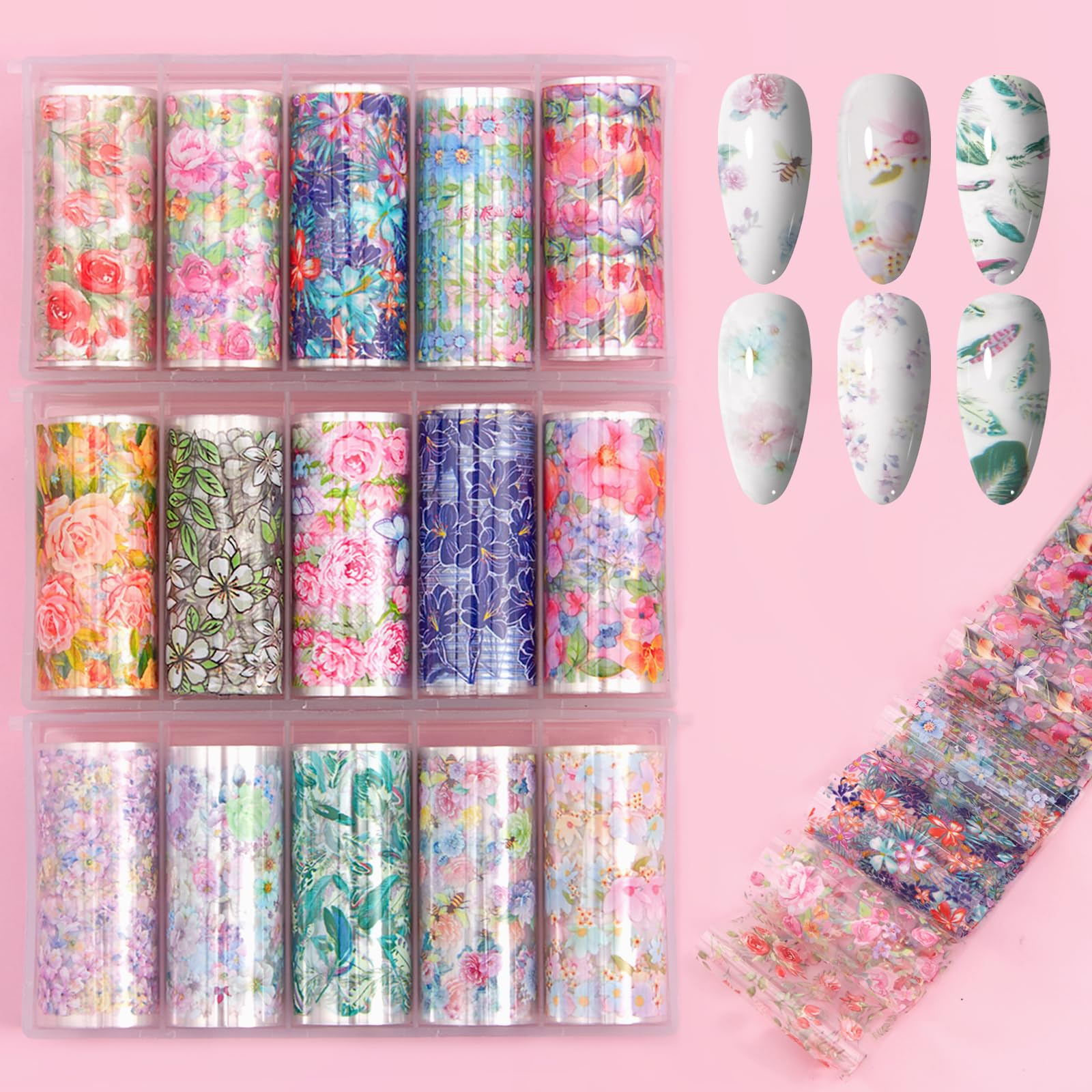 XEAOHESY 15 Rolls Spring Floral Nail Art Foils Transfer Stickers Flowers Nail Decals Nail Foils Transfer Nail Art Flower Stickers