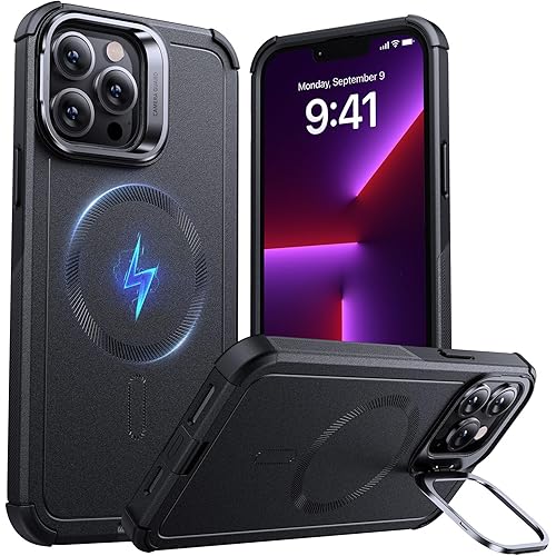 ESR for iPhone 13 Pro Case with Stand, 23 ft Military-Grade Drop Protection Heavy Duty Magnetic Phone Case, Compatible with MagSafe Accessories, Cyber Series, Black
