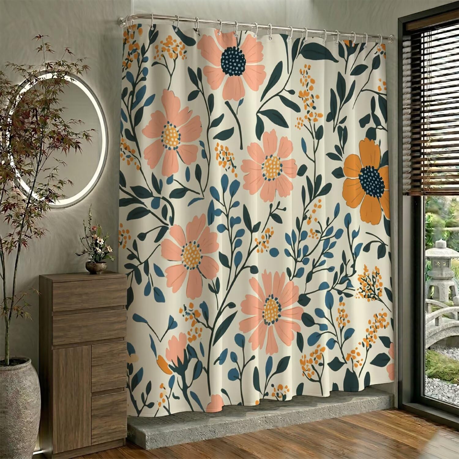 Rideau douche fleurs sauvages pour baignoire : ambiance nature et fraîcheur crème