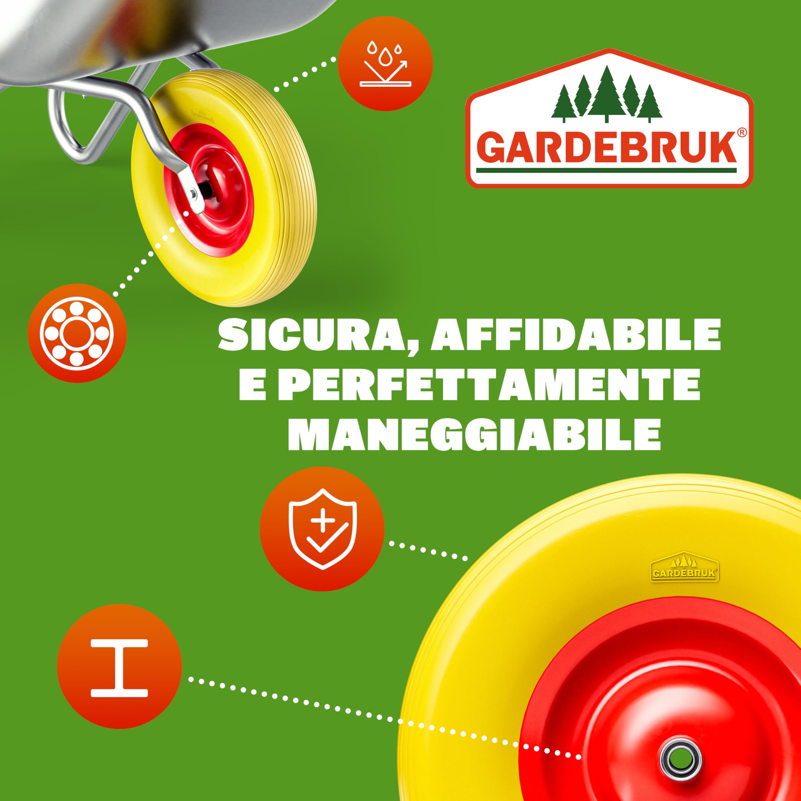 Gardebruk Ruota per carriola in PU Gomma piena Antiforatura 4.80/4.00-8 Ø 390 mm 200 kg Include Asse Pneumatico Ruota di ricambio