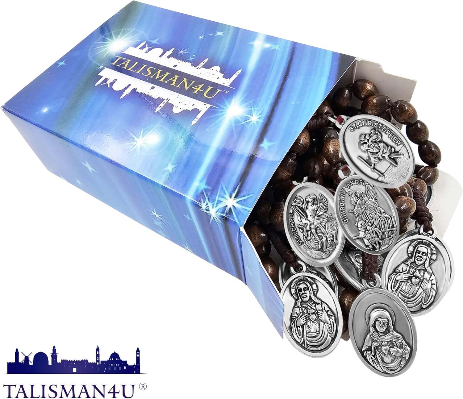 TALISMAN4U 12 Pack Catholic Finger Rosary One Decade Oval Wood Prayer Beads | Mini Rosaries with Mixed Saints Medals, Religious Gift Box