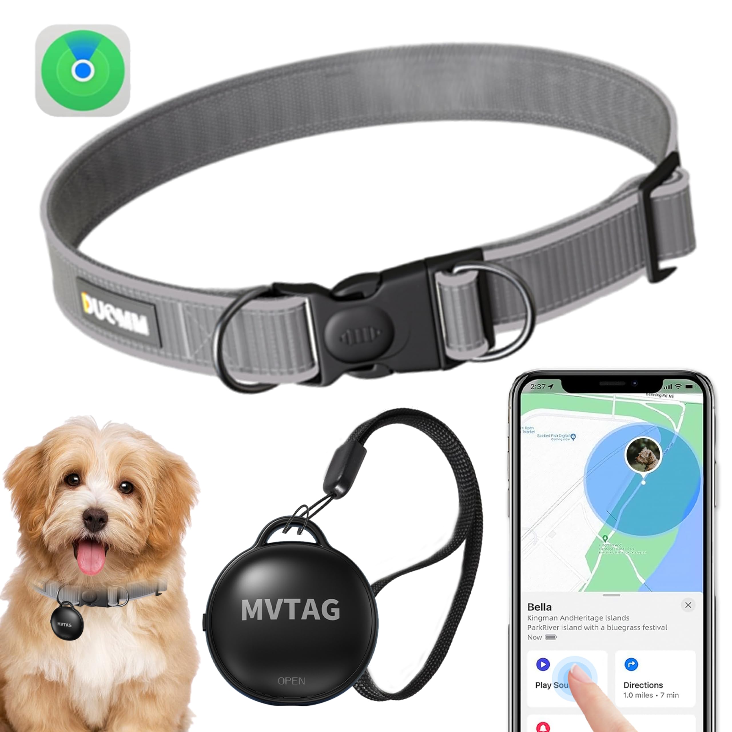 Dog Tracker GPS Collar No Monthly Fee, Real-Time Mini Pet Tracker for Small Medium Large Dogs, Reflective Waterproof Dog Tracking Collar with Bell, Indoor & Outdoor (Only for iOS)