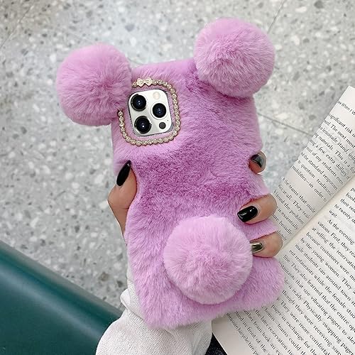 Miniatura 8 de LUVI Compatible con iPhone 15 Pro Max, bonita funda de felpa peluda para mujeres y niñas, bola esponjosa 3D de conejo, orejas de oso de dibujos