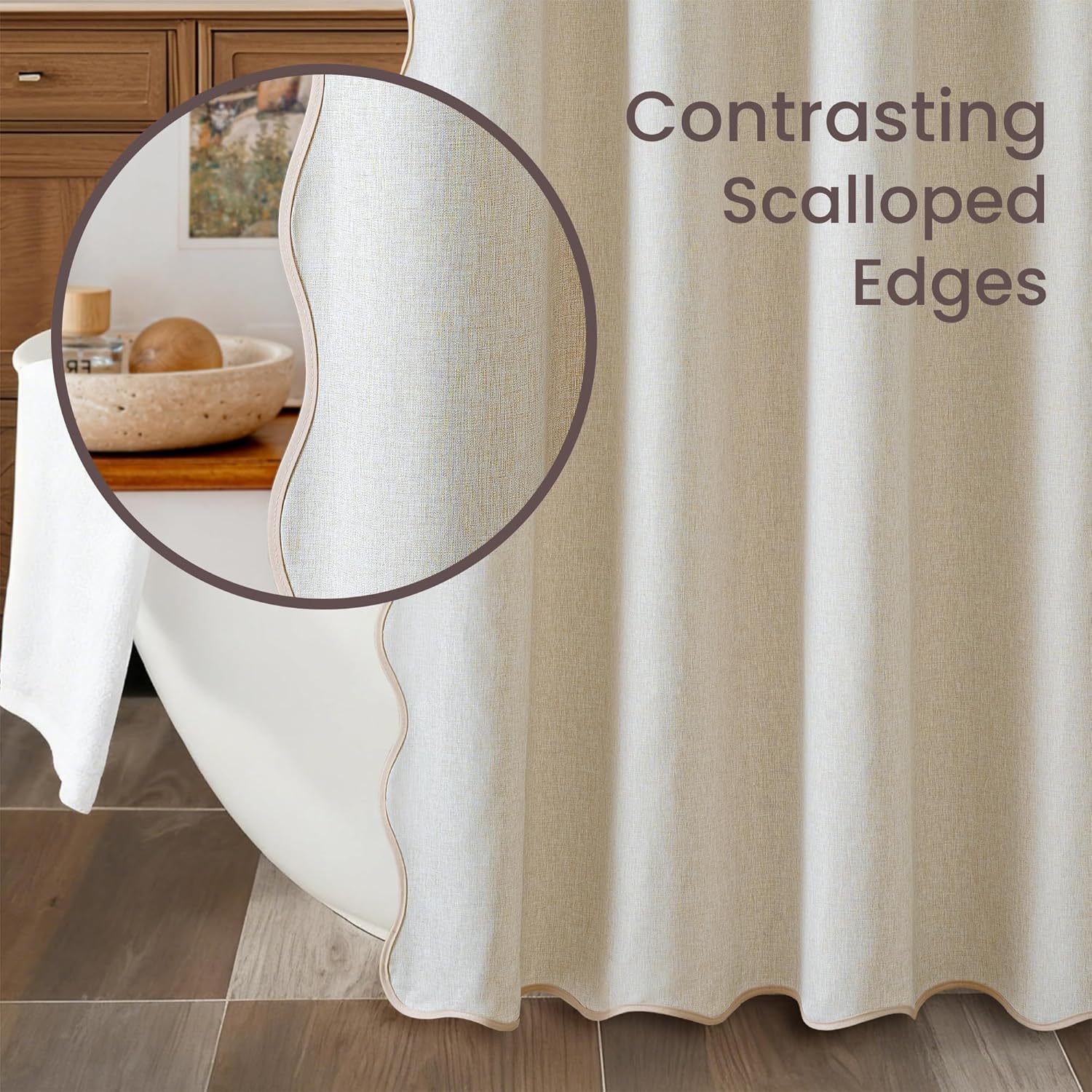 Beige Scalloped Extra Long Shower Curtain Linen Textured with 12 Metal Hooks Cute Heavy Duty Washable Waterproof Neutral Thick Cloth Shower Curtains for Bathroom Hotel Bathtub, W72xL84