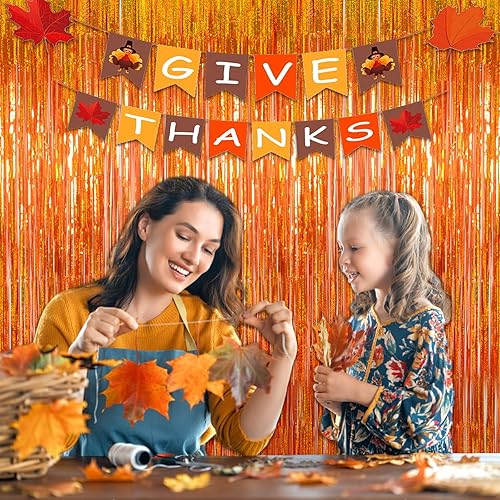 Miniatura 6 de Melsan - Cortina de flecos de oropel más gruesa mejorada, paquete de 3, 3.2 x 8.2 pies, serpentinas metálicas naranjas con cinta adicional, para