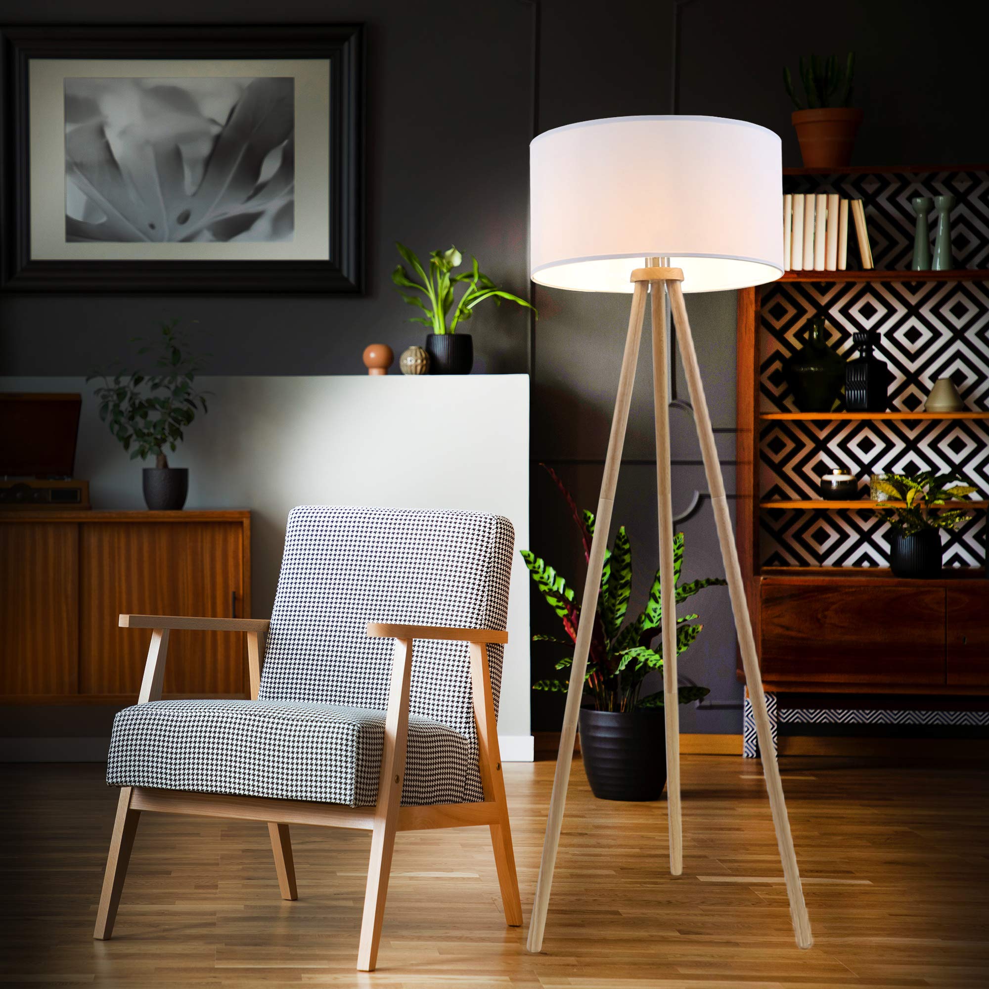 Briloner Leuchten - Stehleuchte, Wohnzimmerlampe, Stoffschirm in weiß, E27, inkl. Schnurschalter