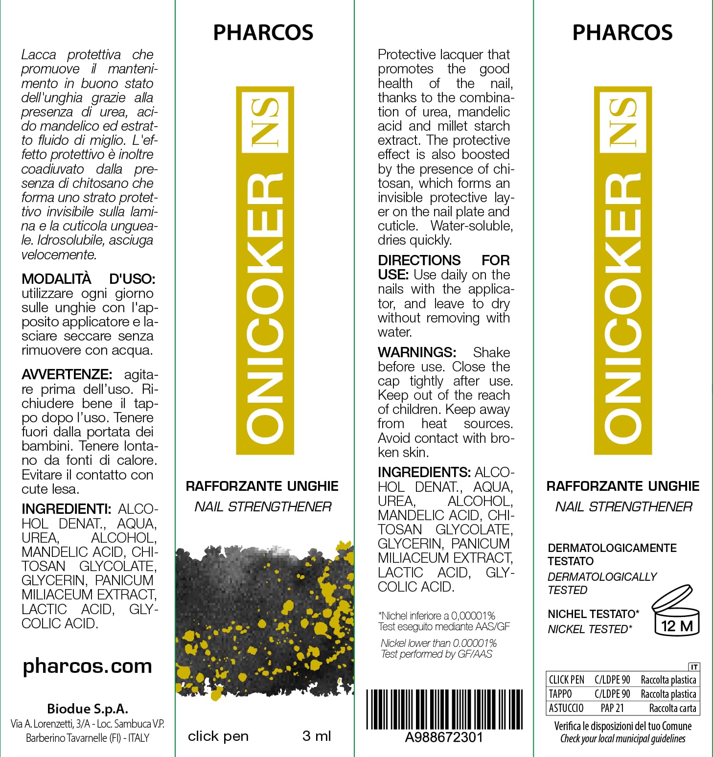 PHARCOS® Onicoker NS 3ml - Lacca rafforzante per unghie in click pen. Idrata, protegge, indurisce.