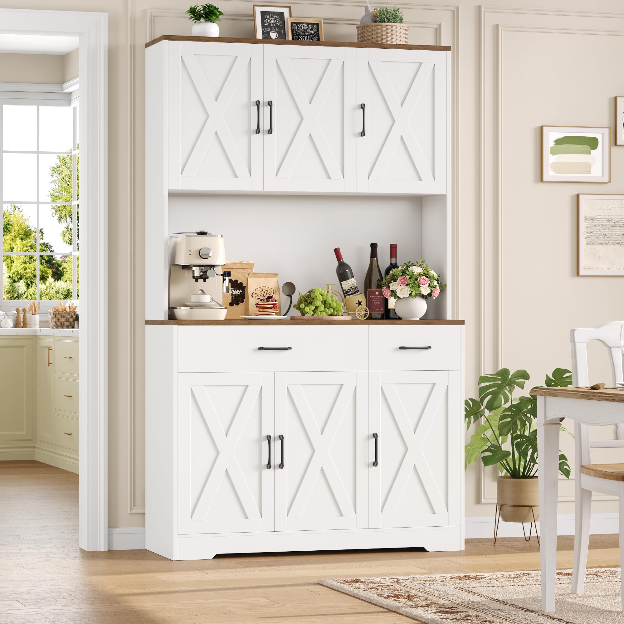 HOCSOK Küchenschrank 105x180 cm (BxH), Buffetschrank Weiß, Sideboard mit Steckdosen, Verstellbare Einlegeböden, Arbeitsplatten und 2 Schubladen, Vorratsschrank für Küche, Wohnzimmer, Esszimmer