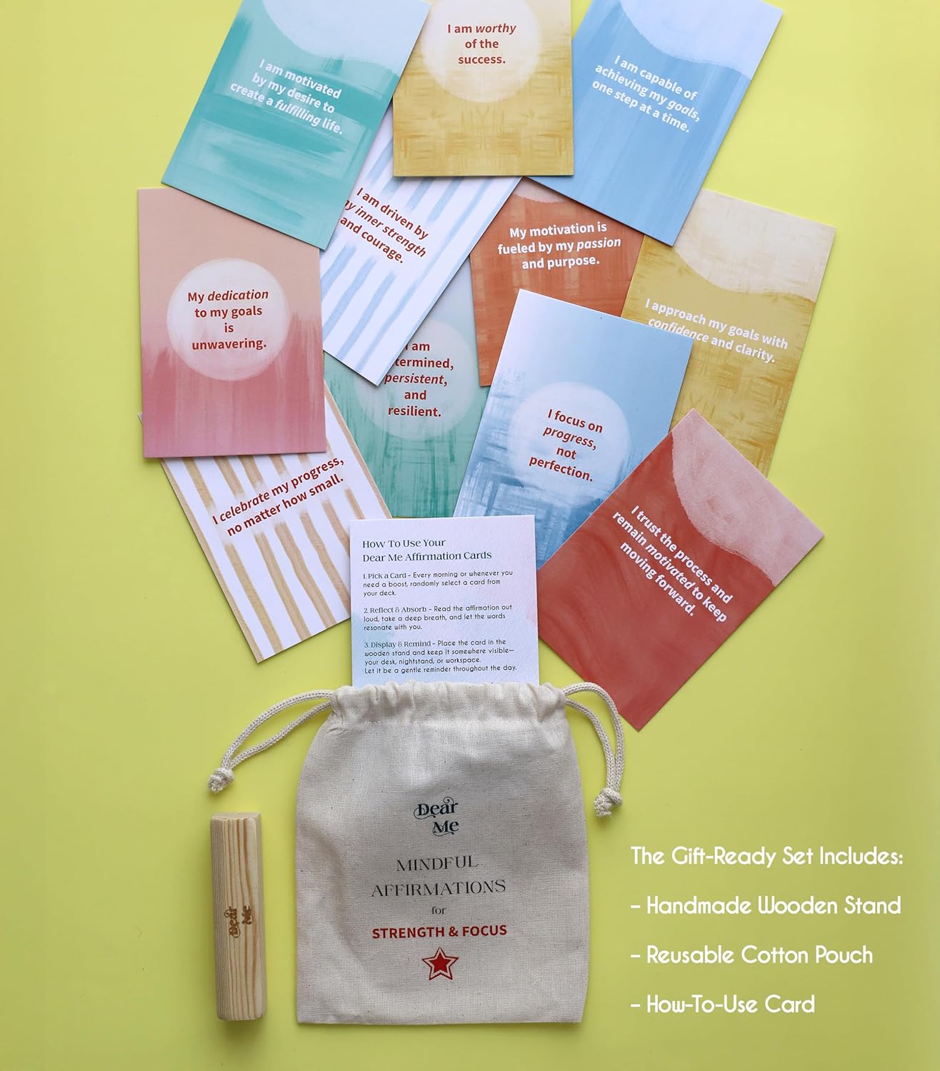 Dear Me Motivation Affirmation Cards – Uniquely Designed Mindfulness Deck with Wooden Stand – Positive Daily Affirmations for Focus, Drive & Confidence – Self Care Gift for Women & Men