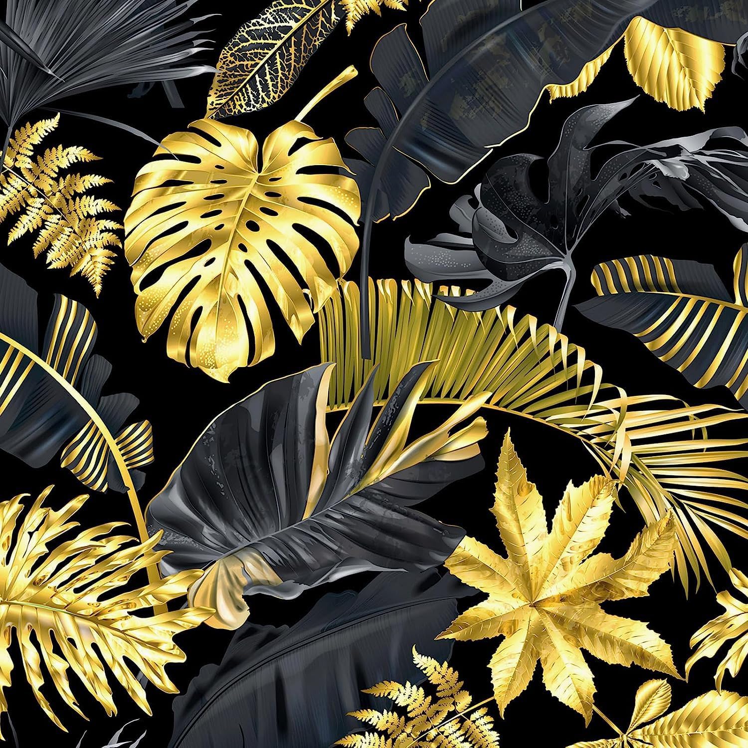 FunStick 17.5"x354" Tropical Palm Leaf Wallpaper Peel and Stick Wallpaper Black and Gold Leaf Wallpaper Self Adhesive Removable Leaf Wall Paper Roll Leaf Contact Paper for Cabinets Bedroom Wall Decor