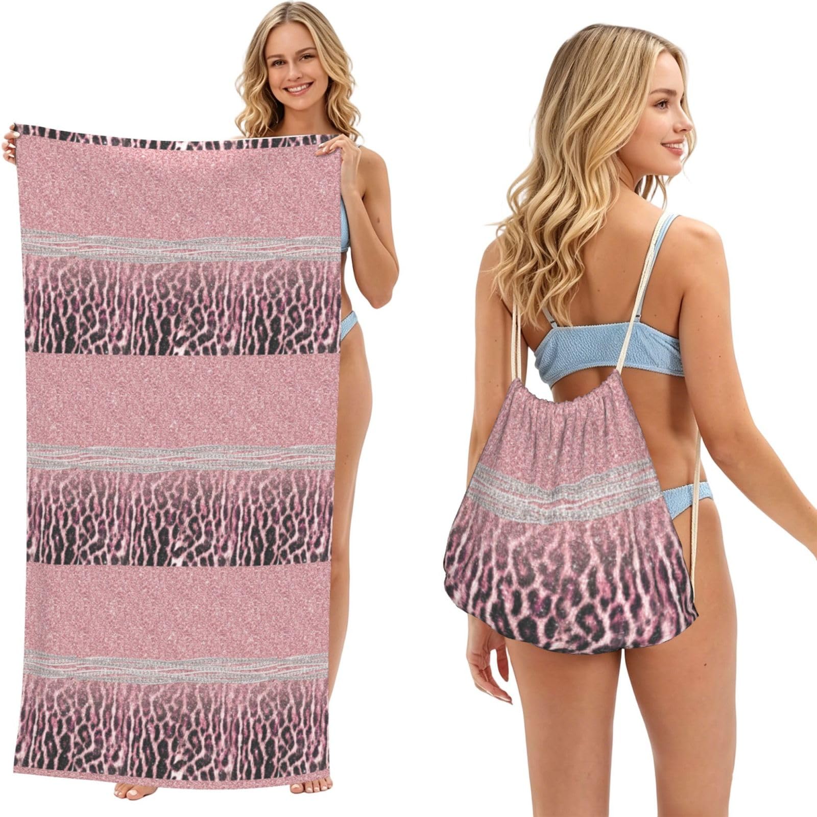 Poadnly As Picture Chic Girly Pink Leopard Animal Print Glitter, 2 In 1 Packable Towel Bag, Beach Towels With Drawstring Backpack For Travel Holiday Camping