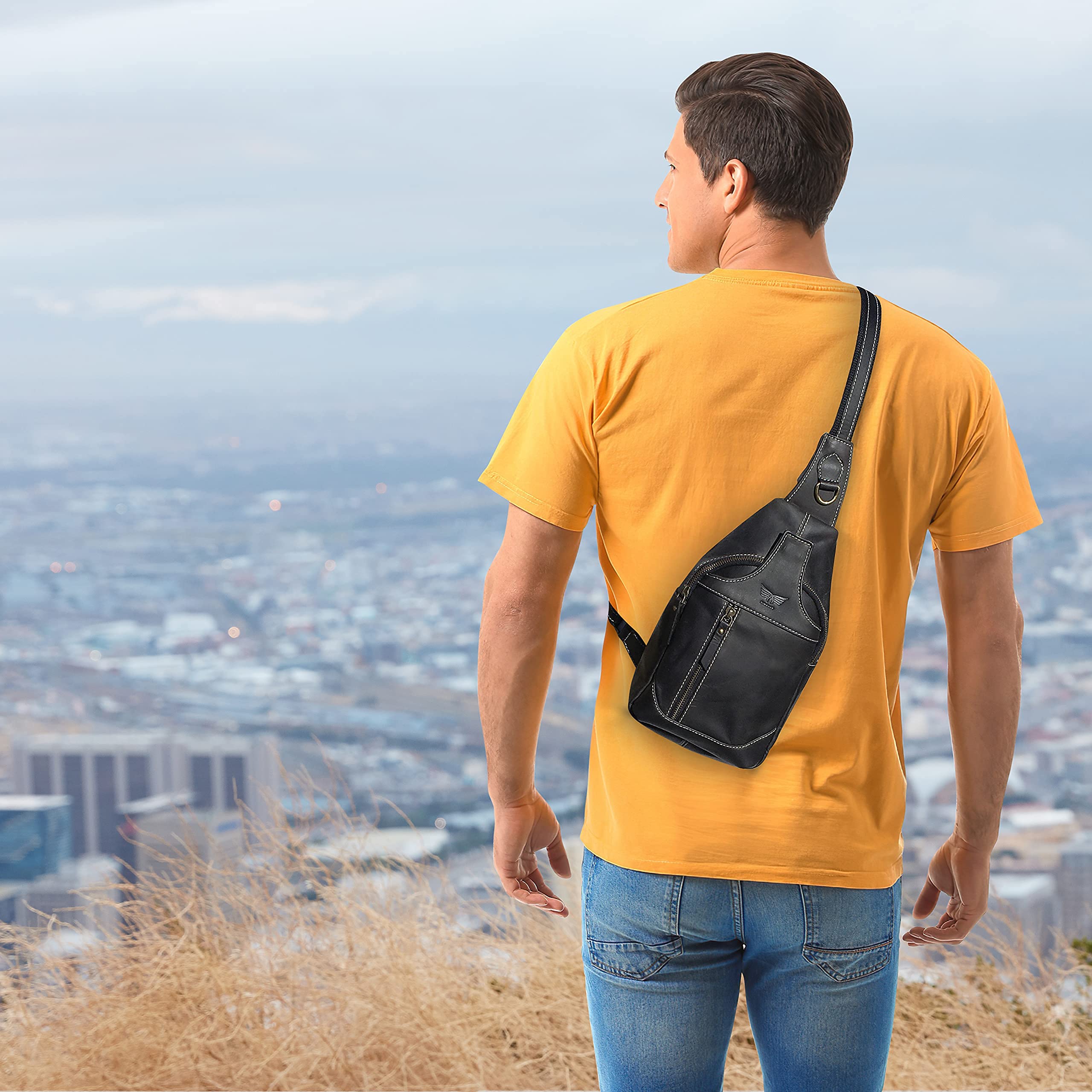 Bolso bandolera de cuero cruzado Mochila casual Mochila Pecho Hombro Multiusos Diseño atemporal Pequeños Hombres, Negro -, Bolsos cruzados 5