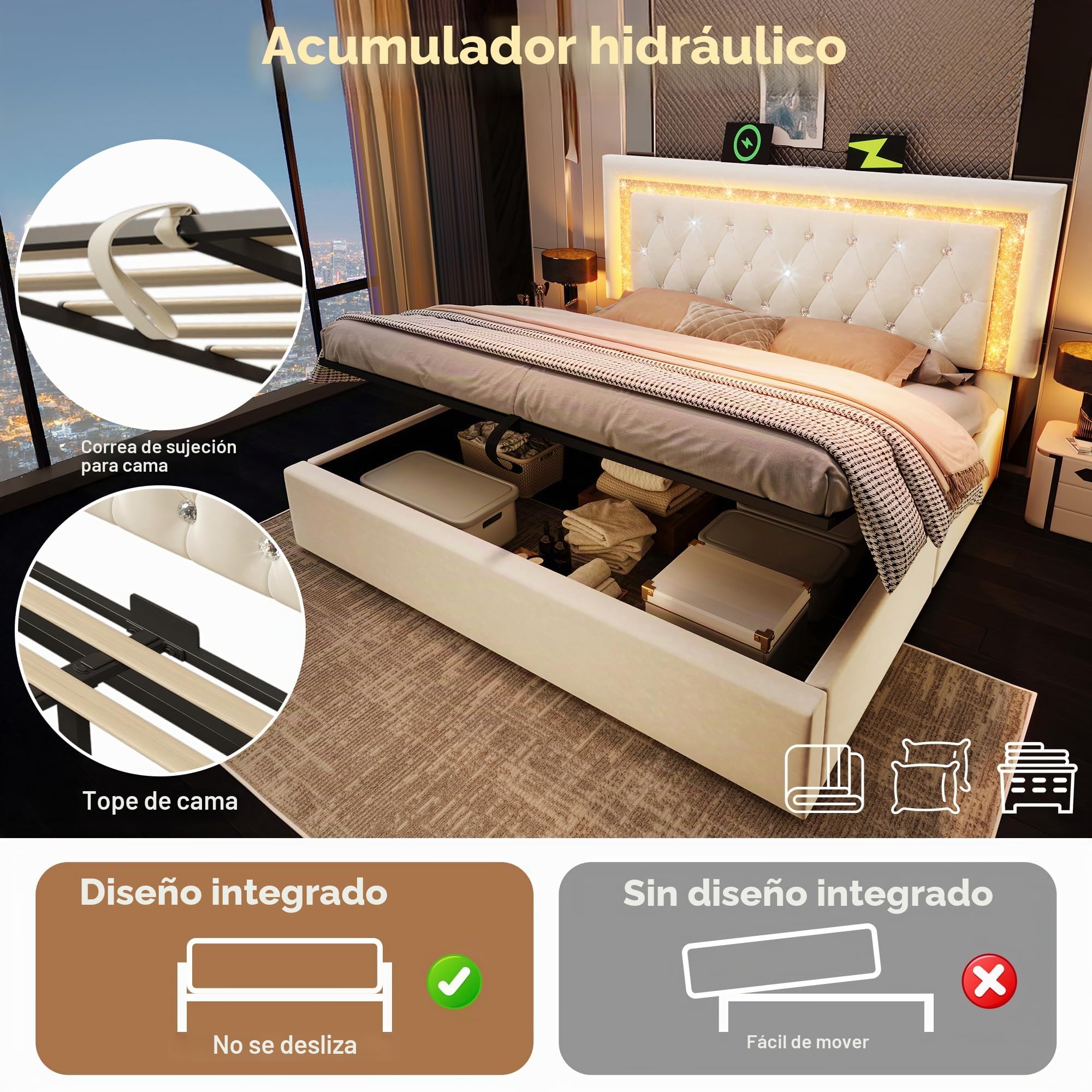 Lubvtti Cama acolchada con LED, estación de carga USB y tipo C, cama de matrimonio con contenedor hidráulico, estructura de cama con somier de láminas, terciopelo (beige, 160 x 200 cm)