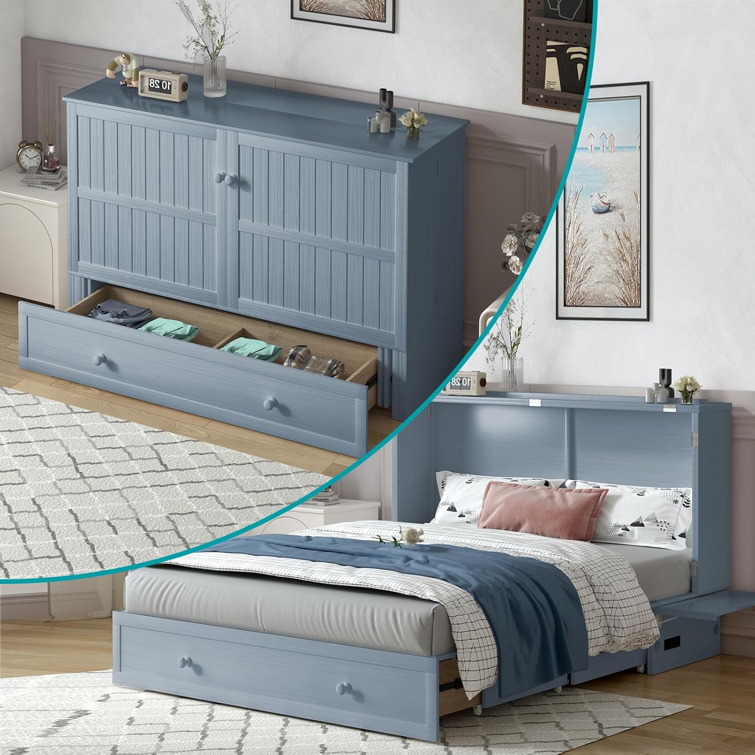 BALUS Murphy Bed Cabinet,Queen Murphy Bed with Tri-fold Mattress & USB Charging Station,Modern Wall Chest Beds with Folding Night Stand Trays and Storage Drawers for Bedroom Living Room,Grey-Blue