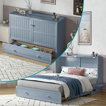 BALUS Queen Murphy Bed with Built-in USB Charging Station, Cube Cabinet Bed with 2 Storage Drawers, Space-Saving Wall Chest Beds for Guest Room/Apartment, Grey-Blue