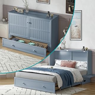 BALUS Murphy Bed Cabinet, Murphy Bed with Tri-Fold Mattress & USB Charging Station, Modern Foldable Chest Cabinet Wall Beds with 2 Large Storage Drawers for Living Room Bedroom(Queen, Grey-Blue)