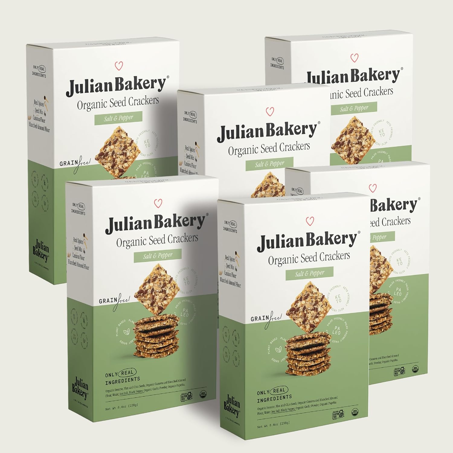 Julian Bakery Paleo Thin Crackers | Salt & Pepper | USDA Organic | Gluten-Free | Grain-Free | GMO Free | Low Carb | 6 Pack
