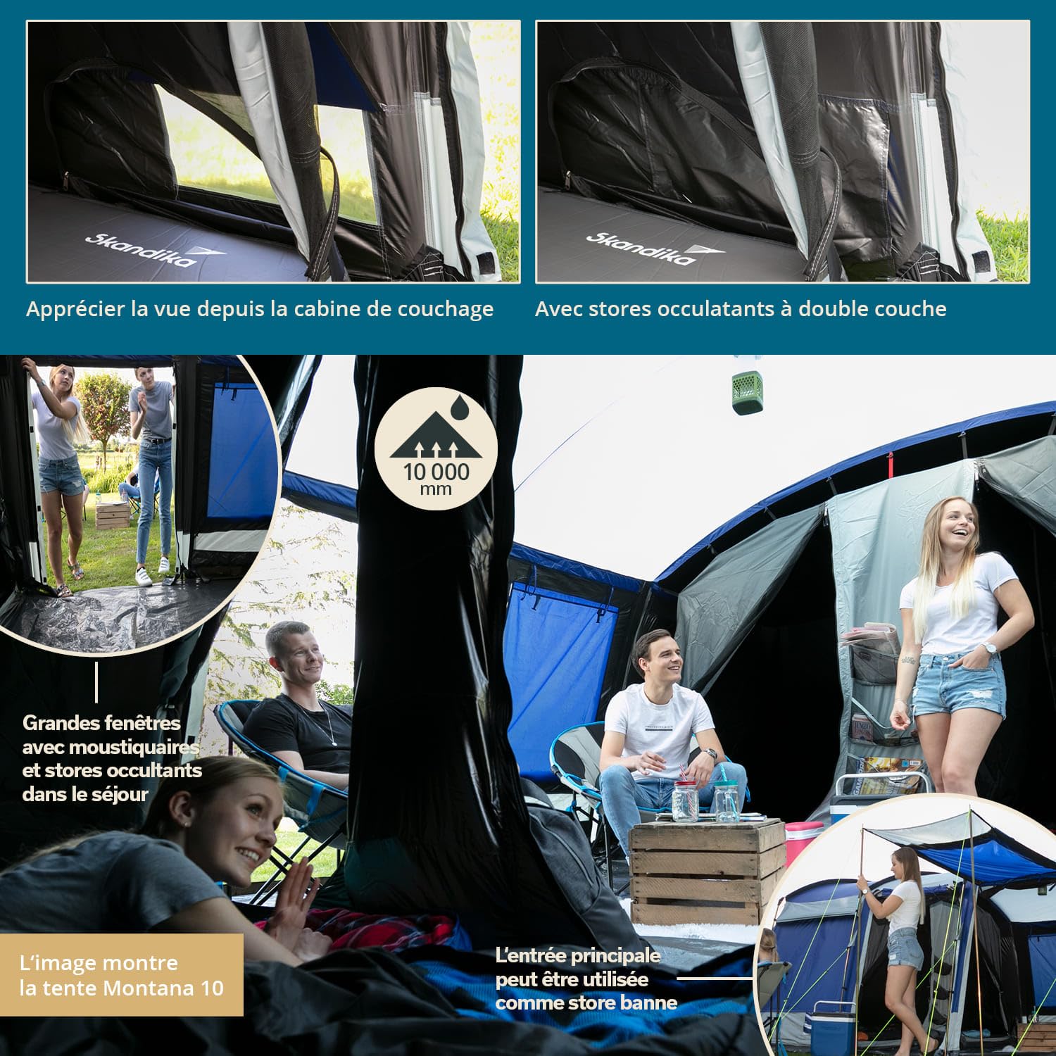 Skandika Tente Tunnel Montana 10 Personnes | Tente de Camping avec/sans Tapis de Sol Cousu, avec Technologie Sleeper, 3-4 cabines de Couchage, Colonne d'eau 5000 mm