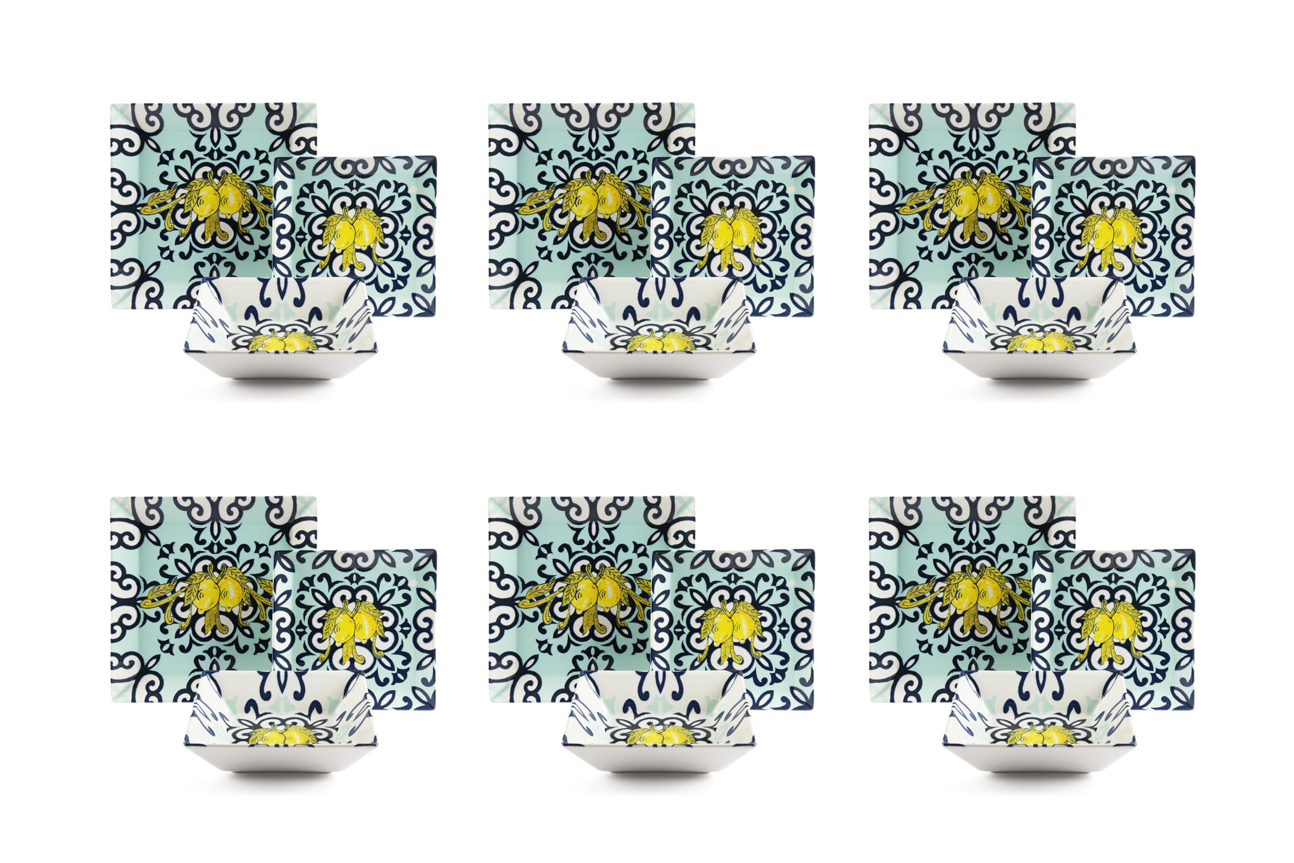 Excelsa Amalfi Servizio Piatti Quadrati in Ceramica, Set 18 Pezzi con Decorazione Limoni e Fregi Blu