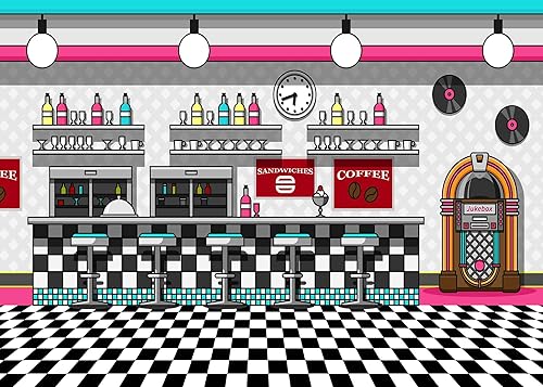 Miniatura 3 de Soda Shop - Telón de fondo de comedor para fiesta de rock roll de los años 50, fondo retro para cena, música rock, decoración clásica de fiesta de