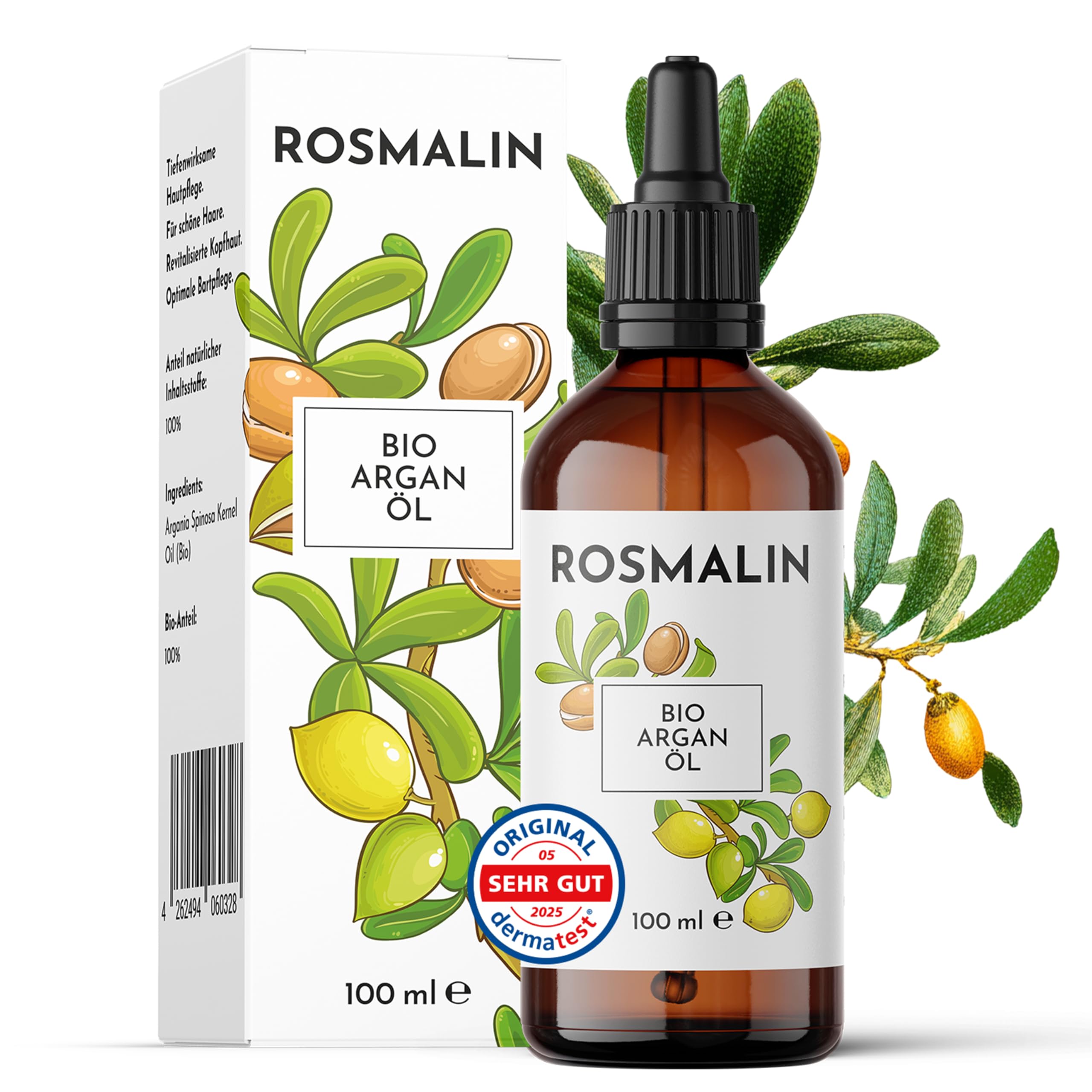 Rosmalin® Arganöl Haare | Bio | Argan Oil - Auch für die Kopfhaut, das Gesicht & die Haut - kaltgepresst - Ursprung in Marokko - Pflegende Kopfhautbehandlung, 100 ml