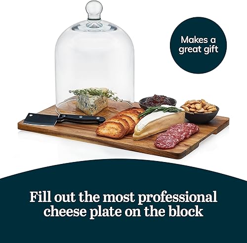 Miniatura 5 de Libbey Juego de 4 tablas de queso Acaciawood de Acaciawood, tabla redonda de charcutería con cúpula de cristal, cuchillo y cuencos, tablas de