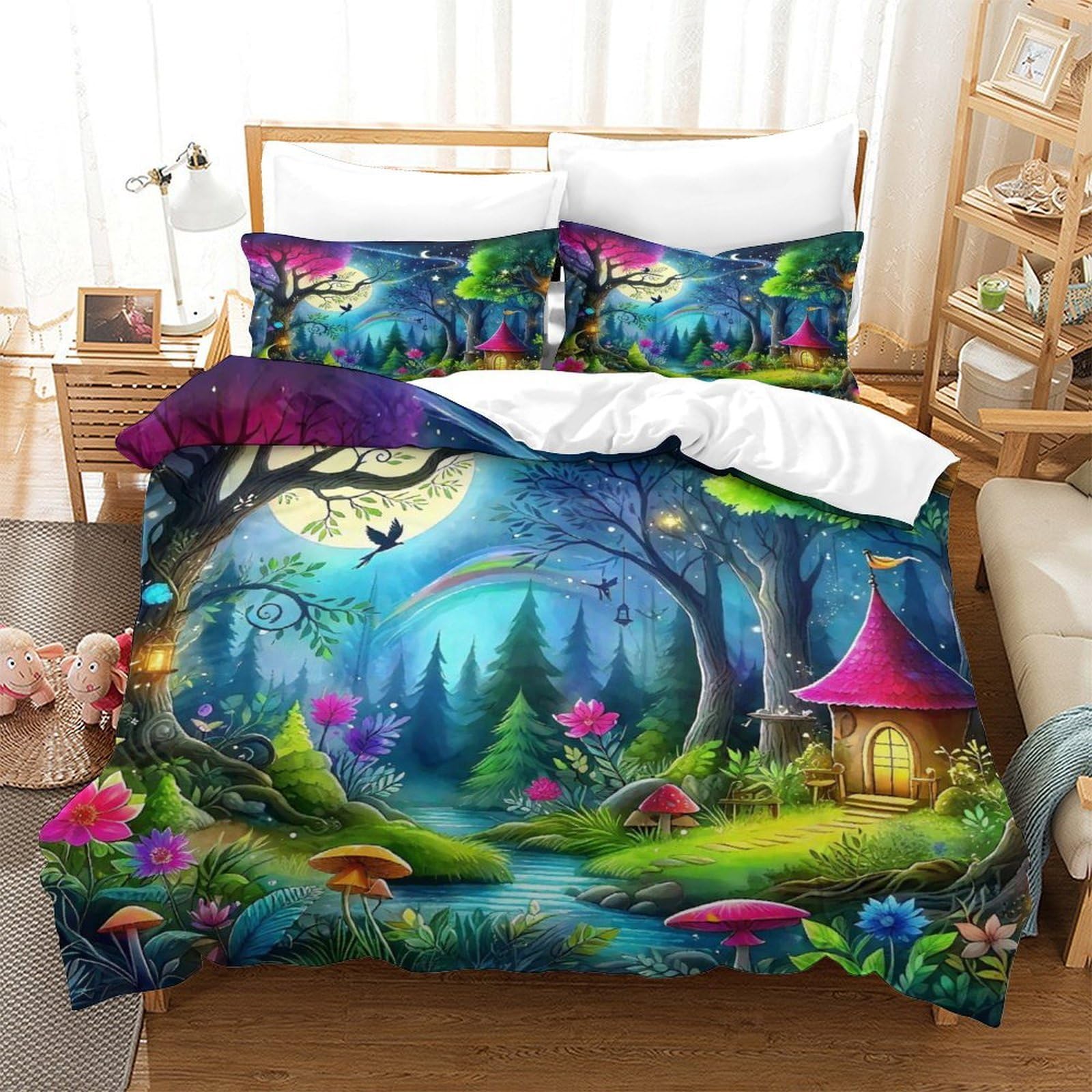 YYVKPMLXC 3D Iridescent Moonlit Fantasy Fairy Forest Duvet Cover Set 3pcs Double (200x200cm), Soft Microfiber Bedding, Zipper Closure, for Girls Boys Kids Bedroom Decor