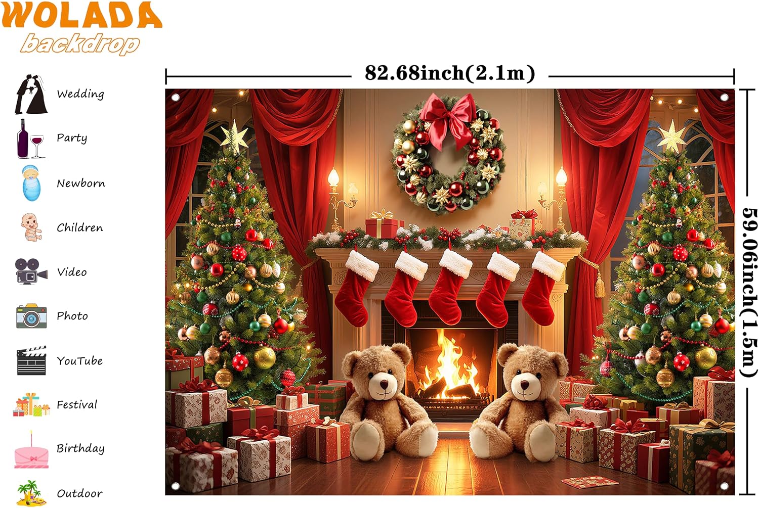 Condition photo showing New/Like New for wolada fabric christmas fireplace decoration banner photo backdrop christmas tree wreath candles fireplace socks indoor atmosphere photography background 82.68x59.06 inches fw143