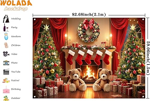 Miniatura 3 de WOLADA Decoración de chimenea de Navidad de tela, telón de fondo de fotos, corona, velas de árbol de Navidad, calcetines para chimenea, ambiente