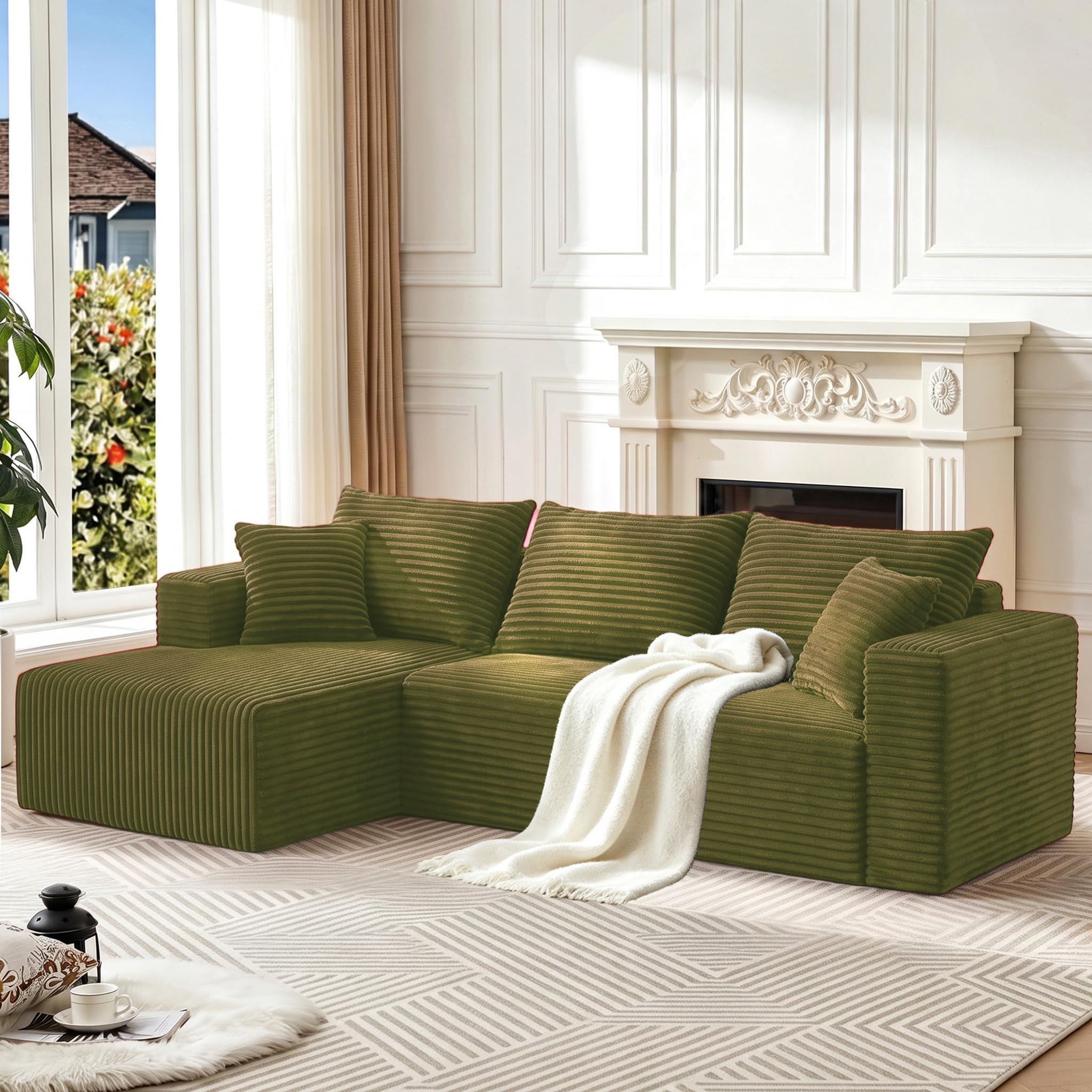 93" Boneless Couch, Modular Sectional Sofa for Living Room- Olive Green