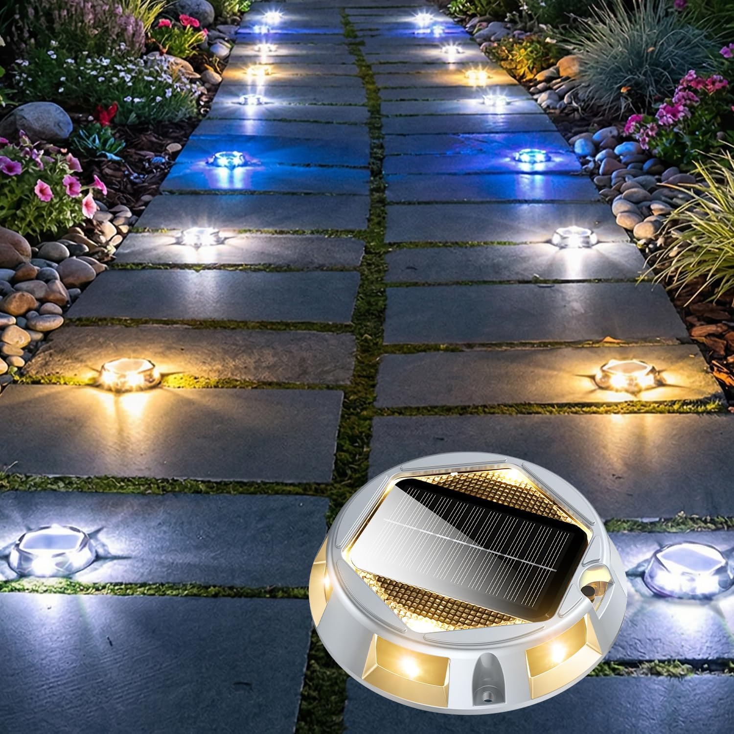 AGPTEK 3 Color Modes (Warm/Blue/White in 1) Solar Driveway Lights Outdoor