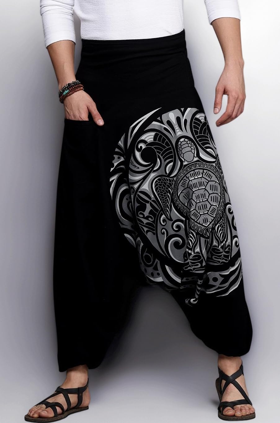 - Printed Harem Pants for Men's Cotton Hippie Style Baggy Boho Yoga Pajama Pant with Pocket