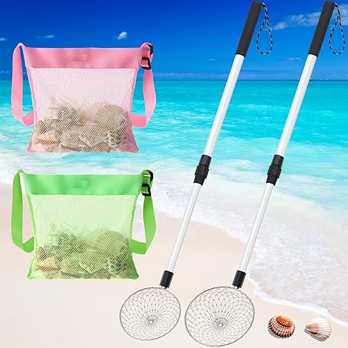 Roshtia 2 piezas de tamiz de dientes de tiburón con 2 bolsas de playa de malla para la playa, cuchara de tamiz de arena para recoger conchas,