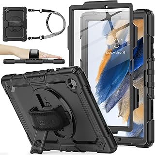 SEYMAC stock Case for Samsung Galaxy Tab A8 10.5'' 2022 with Screen Protector Pencil Holder [360 Rotating Hand Strap] &Stand, Drop-Proof Case for Galaxy Tab A8 SM-X200/X205/X207, Black