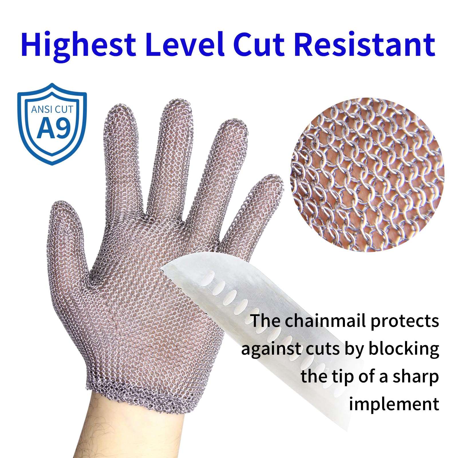 Gants anti-coupures en acier inoxydable avec dragonne à ressort - Convient pour les bouchers et les cuisiniers - Gants de sécurité pour la cuisine et la transformation des aliments (S)