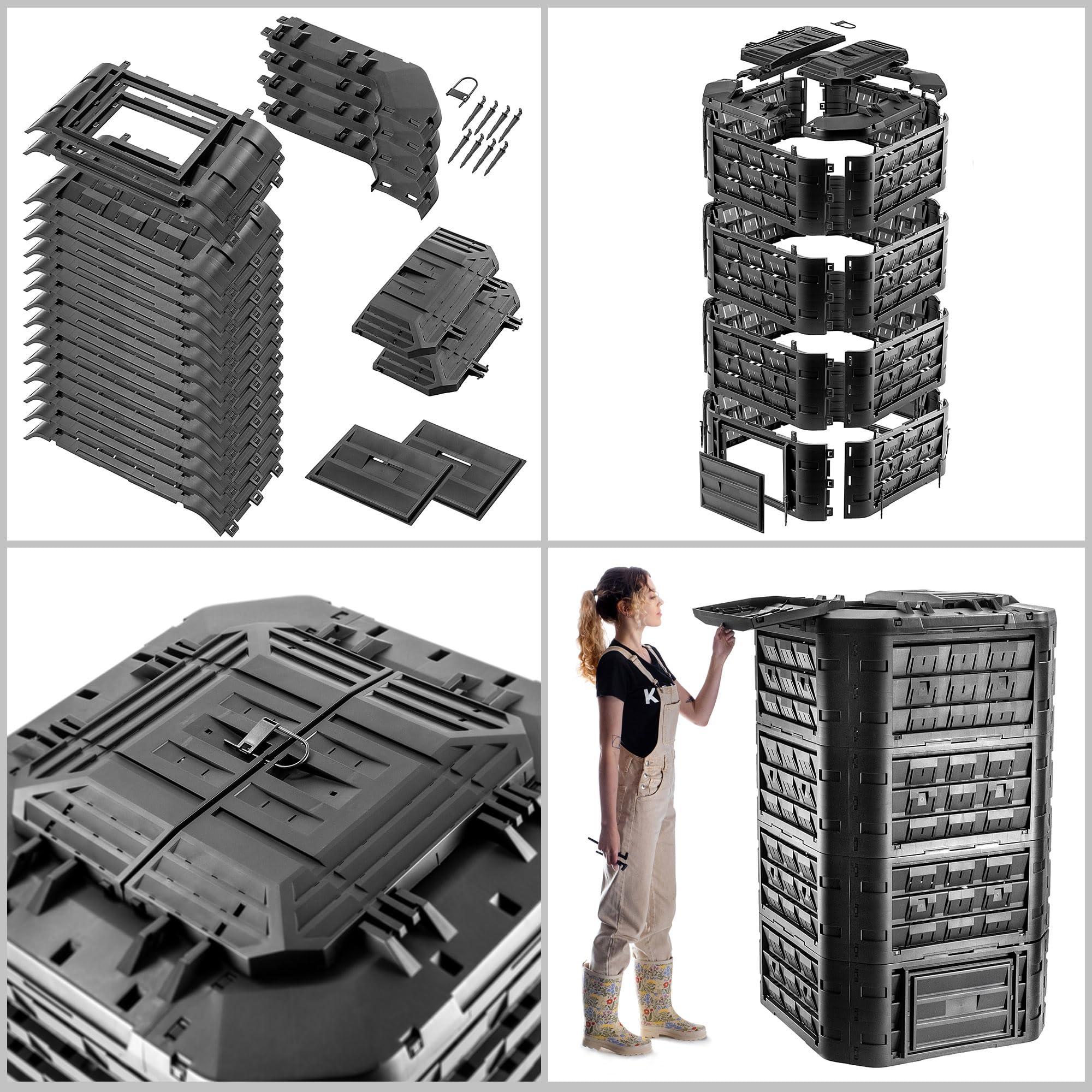 KADAX Compostador modular para residuos de jardín, compostador de plástico, contenedor de compostaje con ventilación y riego, contenedor de compostaje rápido (negro 1250 L)