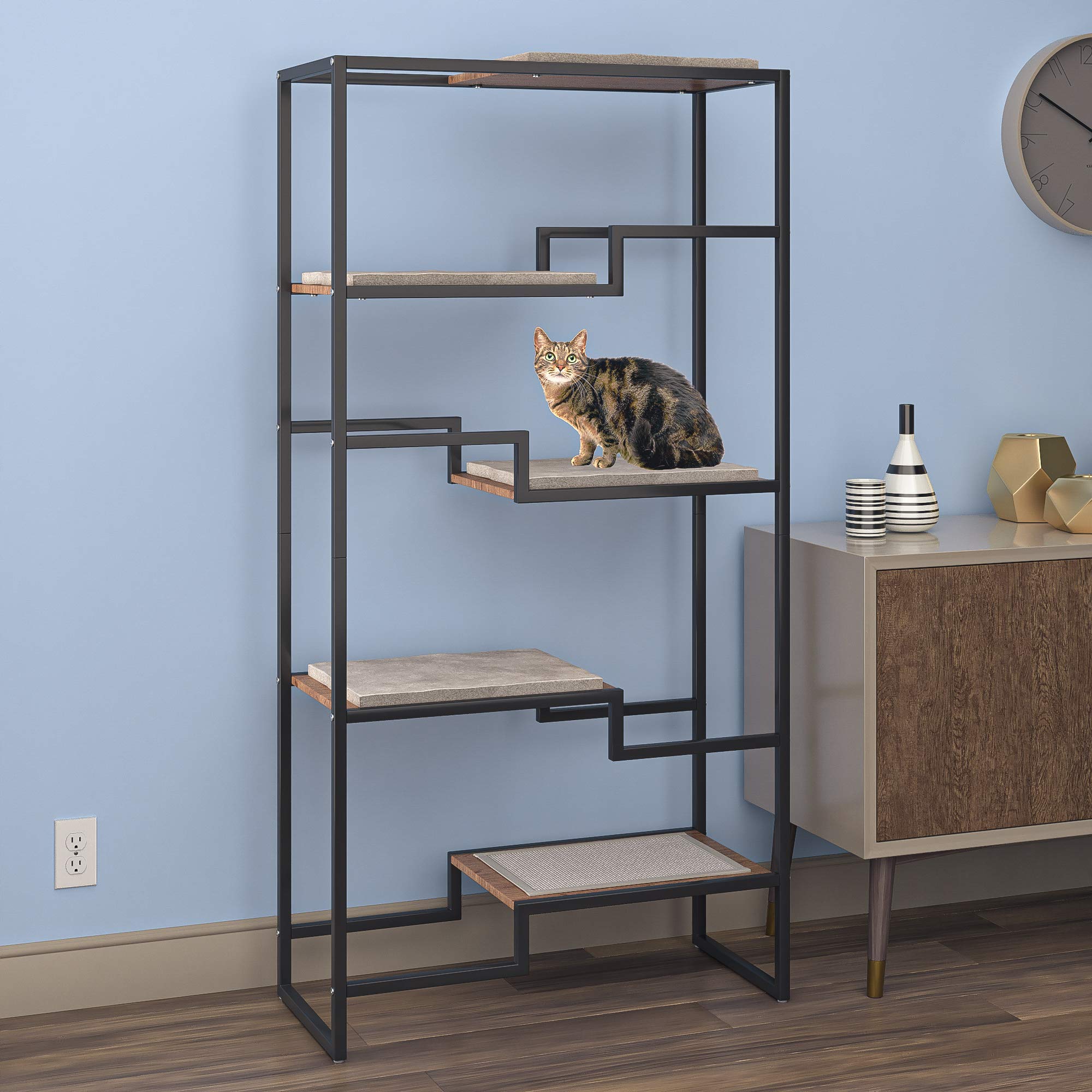 The Refined Feline 62 Inch Tall Metropolitan Cat Condo, Black Metal Frame Cat Tower, Multi-Level Modern Cat Tree for Indoor Cats, Brown Platforms with