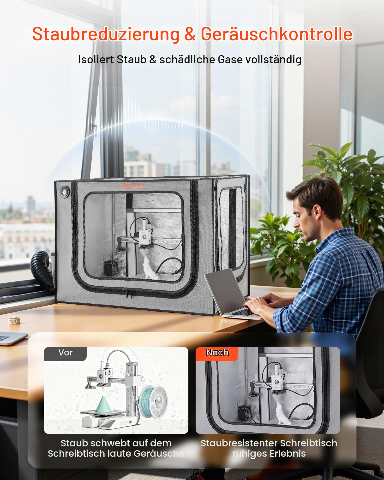 VEVOR 3D-Druckergehäuse Druckerzelt (80x58x58 cm), staubdichte & wasserfeste Schutzhülle mit konstanter Temperatur & LED-Beleuchtung & Belüftung, kompatibel mit Bambu Lab A1 Combo Grau