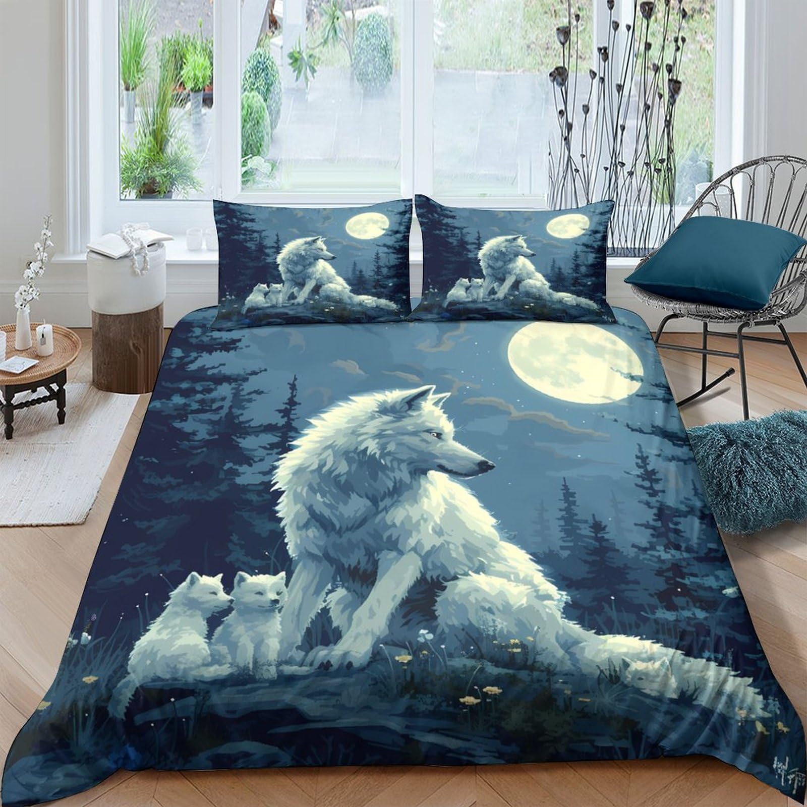 Ctjqhvkz Style-3 3D Printed Moon Wolf Fitted Sheet Microfiber Soft Breathable Forest Night Bed Cover For Bedroom Dorm Decor Single（135X200cm）