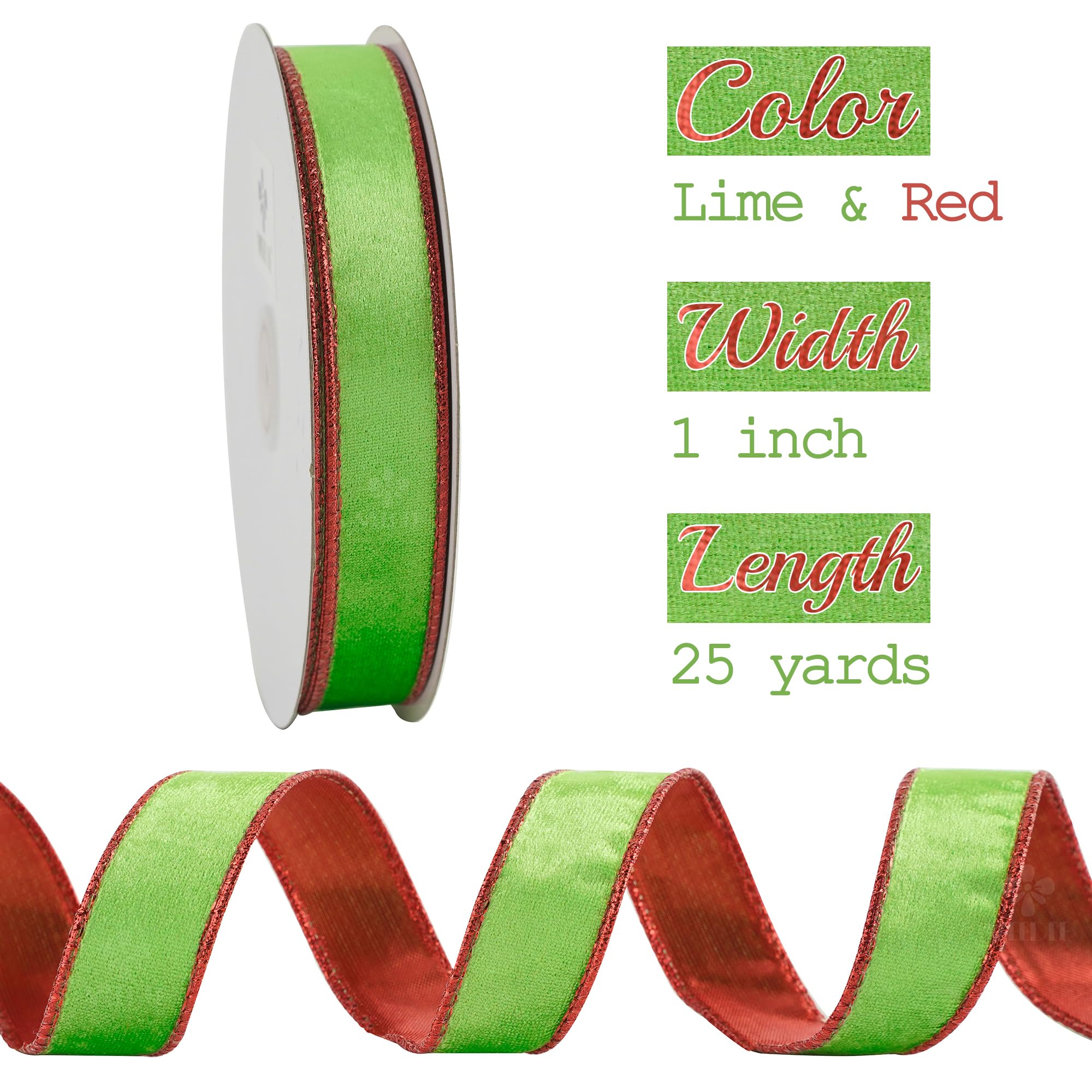 MEEDEE Cinta de Navidad de terciopelo verde lima y rojo de 1 pulgada, cinta de terciopelo fino con alambre, carrete de 25 yardas, cinta Farrislk de dos tonos, cinta roja y verde para árbol de Navidad,