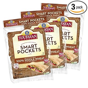 Toufayan Whole Wheat Smart Pockets Pita Bread | Pre-Cut & Scored Sandwich Pockets | Soft, Vegan, Kosher (3 Packs, 18 Total)